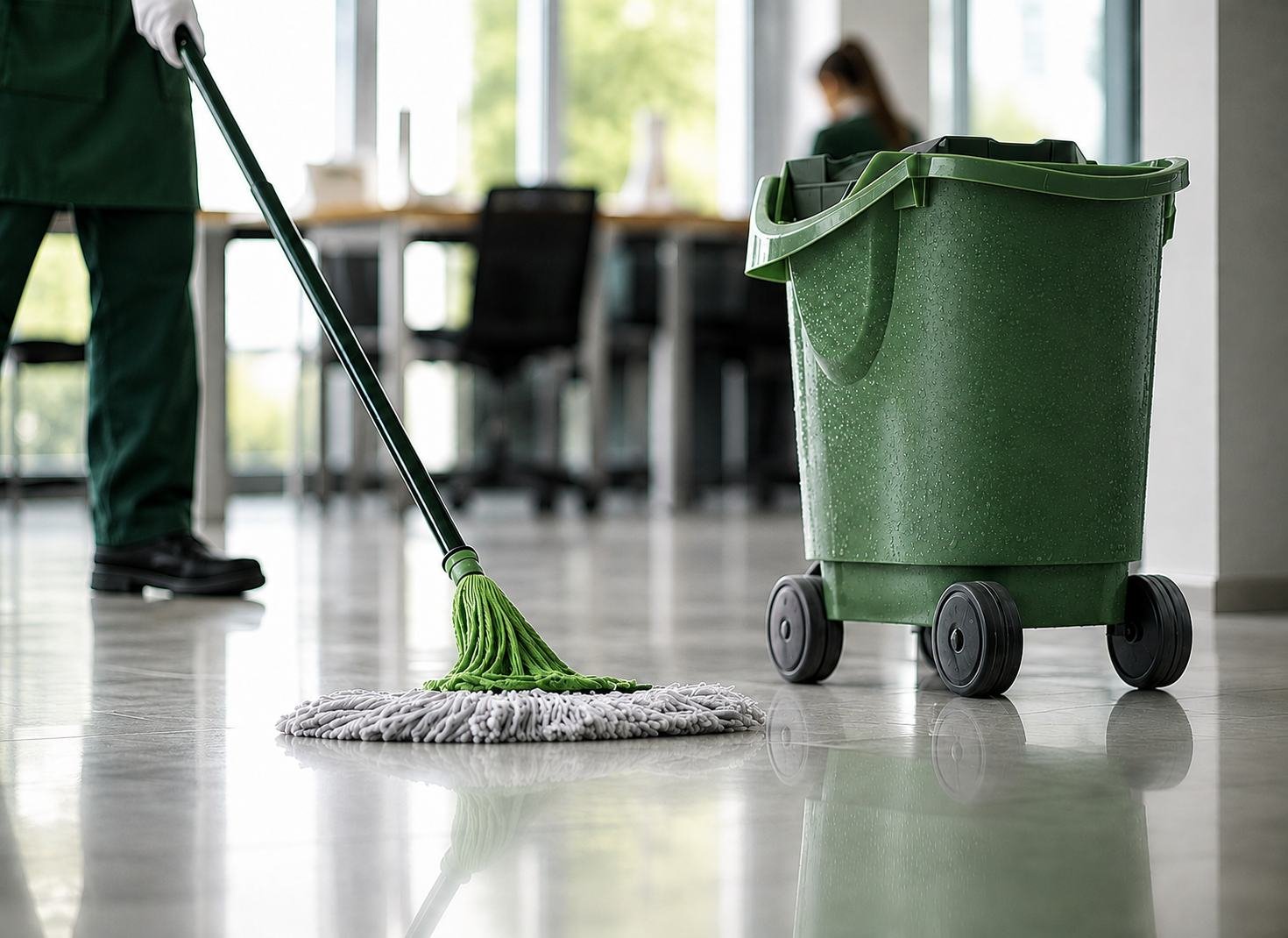 Commercial cleaner mopping beside a cleaning cart in a bright office